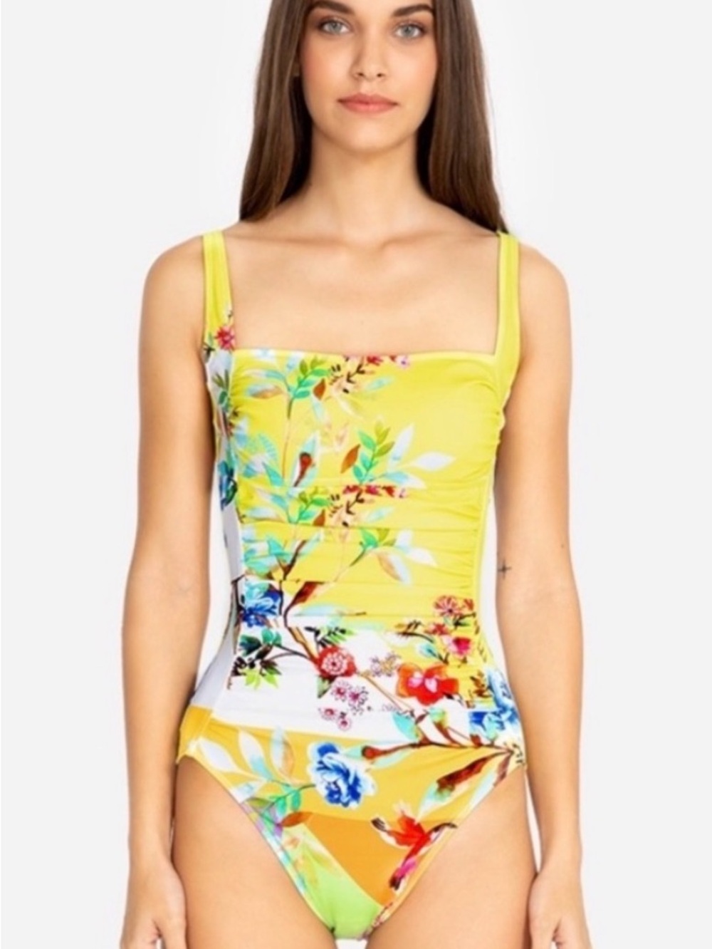 Johnny Was Sunshine Yellow Floral One-Piece Swimsuit